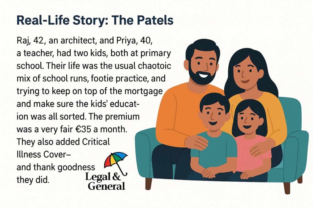 Illustration of a smiling family of four—father, mother, son, and daughter—sitting together on a sofa, accompanied by a short real-life insurance story about the Patels, highlighting their decision to take life and critical illness cover from Legal & General for €35 a month.