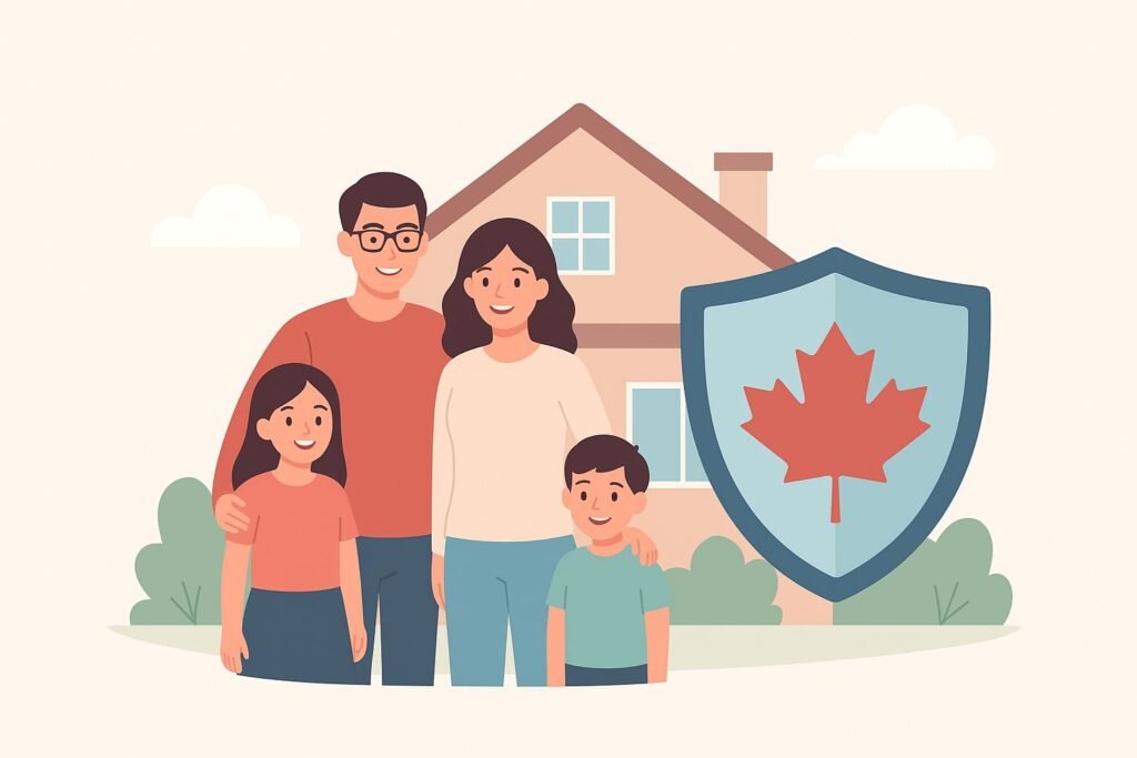 Canadian family life insurance illustration showing happy parents and two kids standing in front of their house with a protective shield icon
