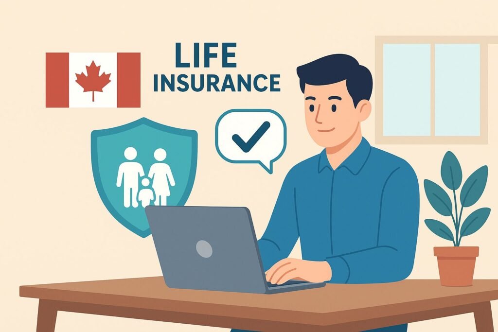"Young Canadian professional applying online for life insurance on a laptop at home, with shield, family icon, and quick approval checkmark symbol."