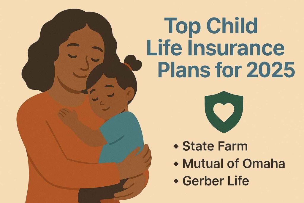 Illustration of a mother hugging child with text highlighting top Child Life Insurance USA plans for 2025 including State Farm, Mutual of Omaha, and Gerber Life
