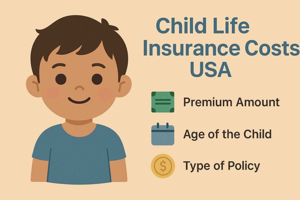 Illustration showing a smiling child and icons representing factors affecting child life insurance costs in the USA, including premium amount, age of the child, and type of policy