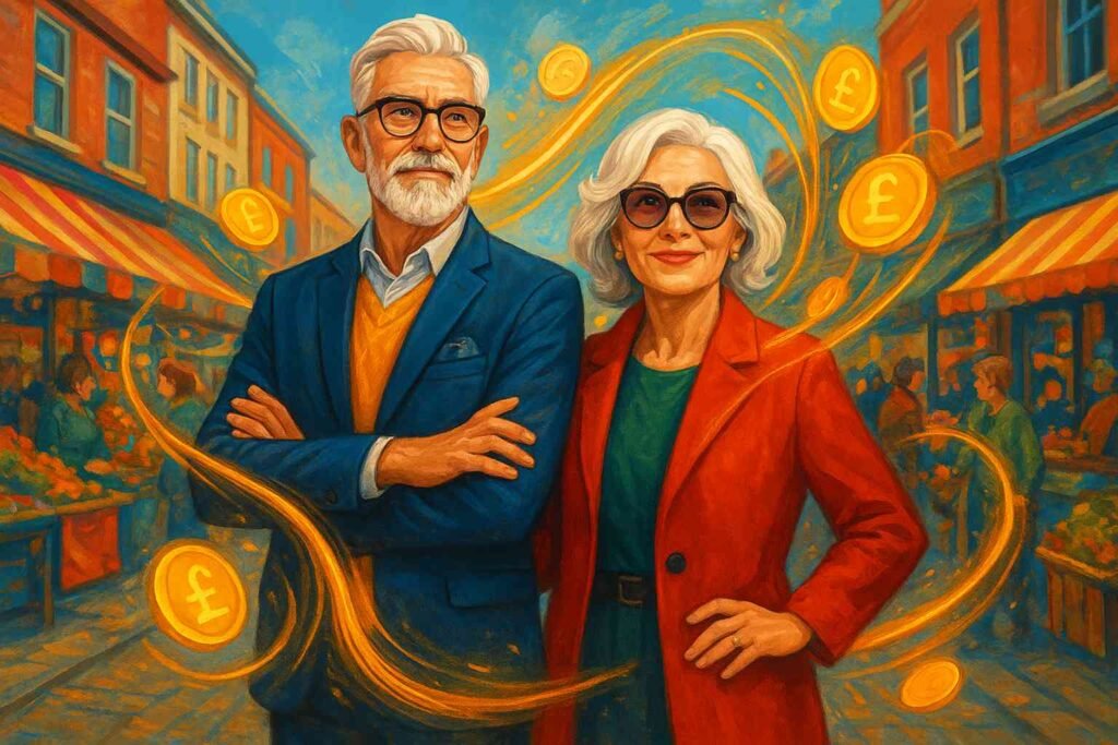 Silver Economy and life insurance for UK seniors – stylish older couple in a vibrant market symbolizing prosperity."