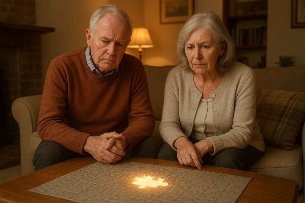 "Elderly UK couple facing financial puzzle — Silver Economy and life insurance for UK seniors."