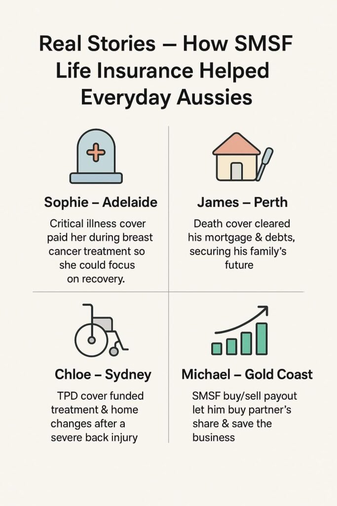 "Real stories of Australians benefiting from SMSF life insurance with icons and brief case summaries."