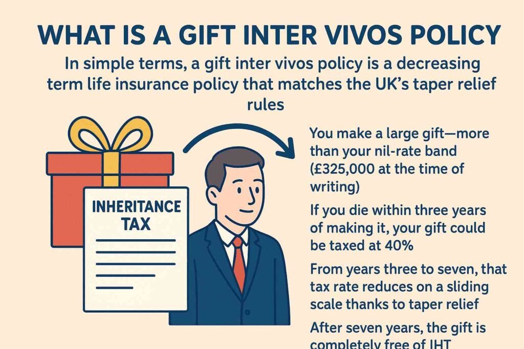 "Gift Inter Vivos Policy infographic explaining inheritance tax and taper relief in the UK."