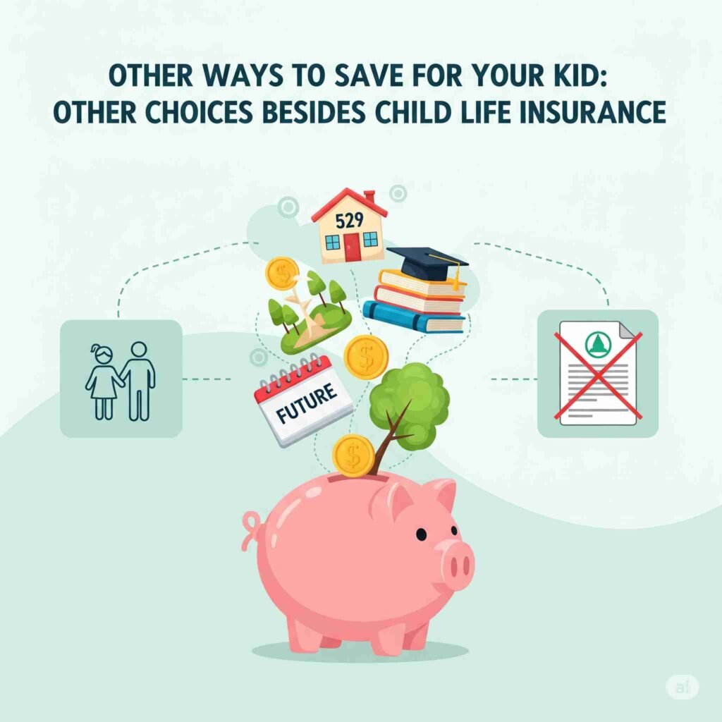 "Illustration showing alternative ways to save for your child’s future besides child life insurance, including a 529 savings plan, books for education, coins, a calendar labeled 'Future', and a piggy bank with a tree growing out of it."