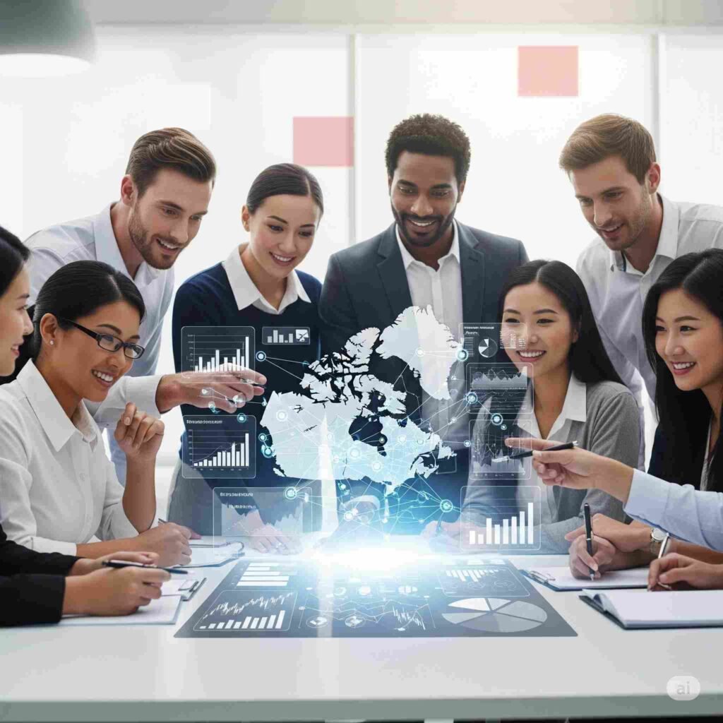 Canadian financial advisors collaborating on Digital Transformation Canada and discussing digital adoption.