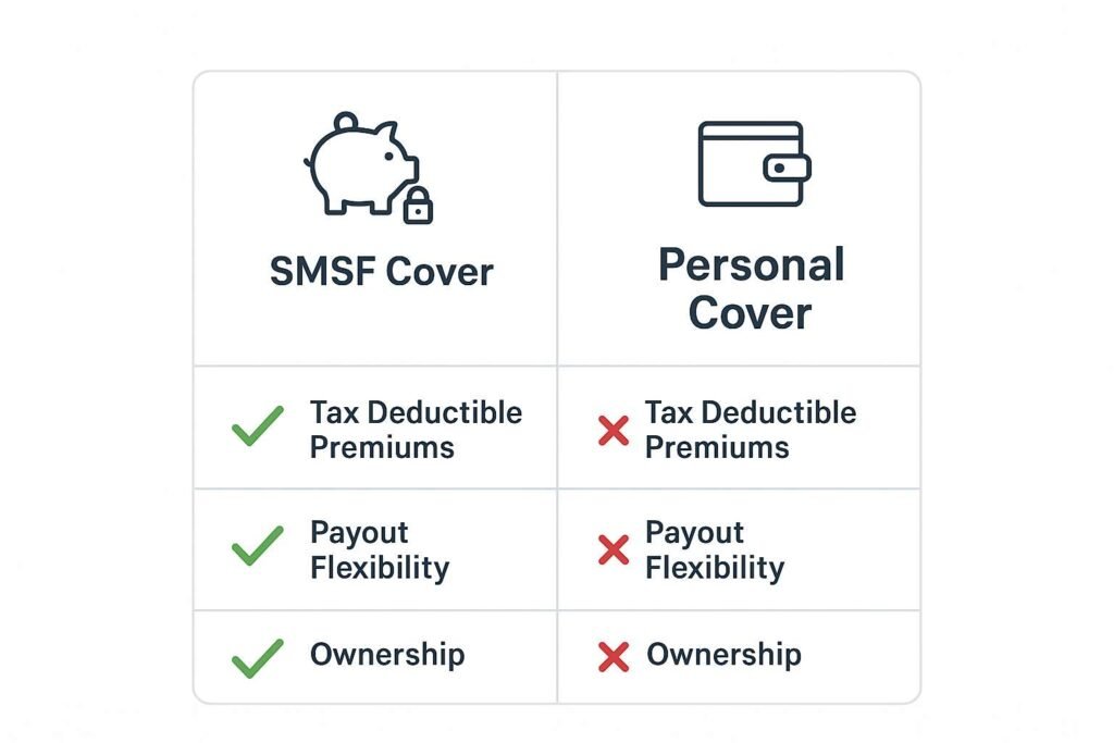 Comparison chart of SMSF life insurance Cover and Personal Cover with icons, checkmarks, and crosses for key features.