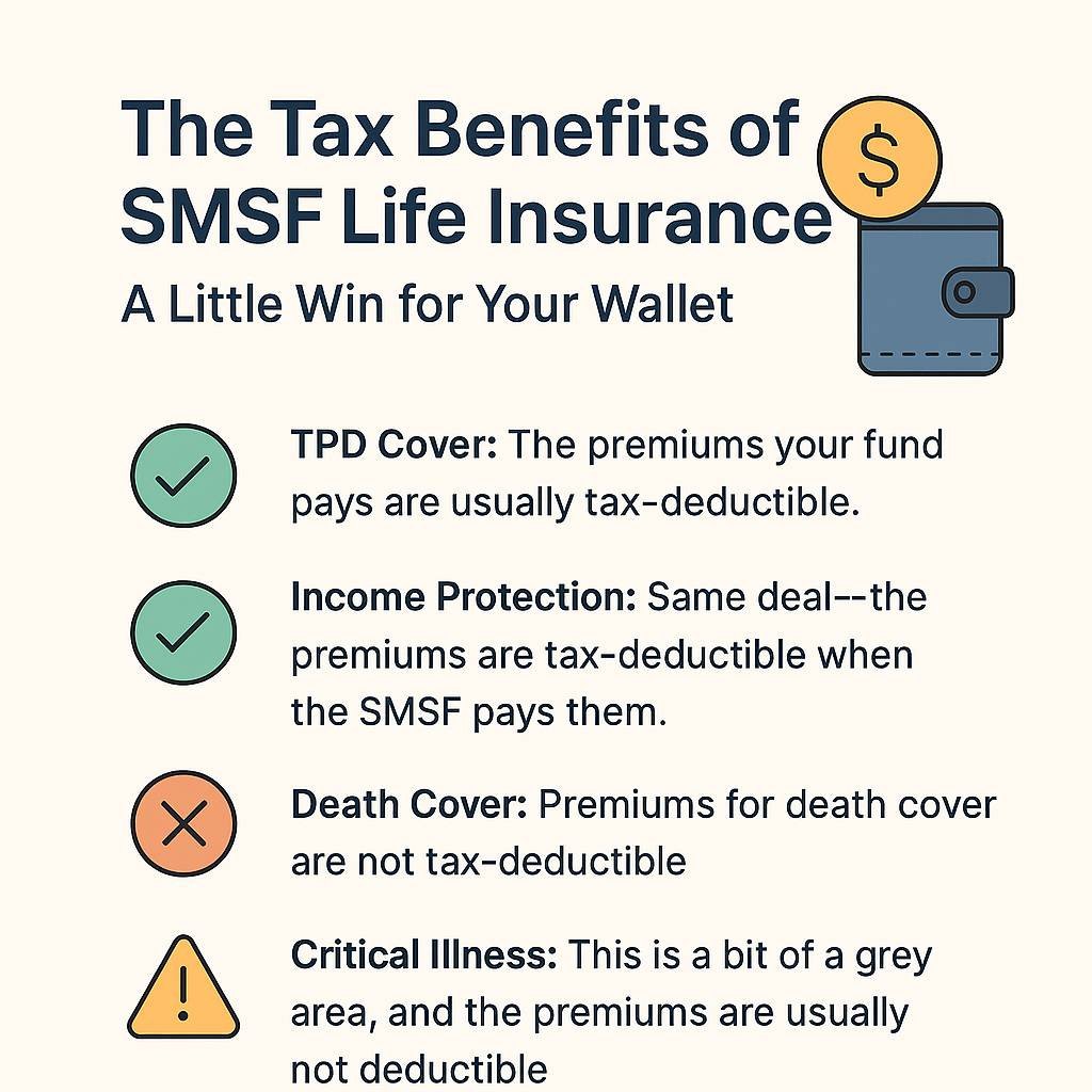 Infographic showing tax benefits of SMSF life insurance, highlighting deductibility for TPD and income protection, and non-deductibility for death and critical illness cover.