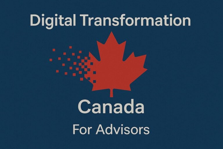 Logo for Digital Transformation Canada for Advisors, featuring a red maple leaf partially pixelated on the left side, set against a dark blue background