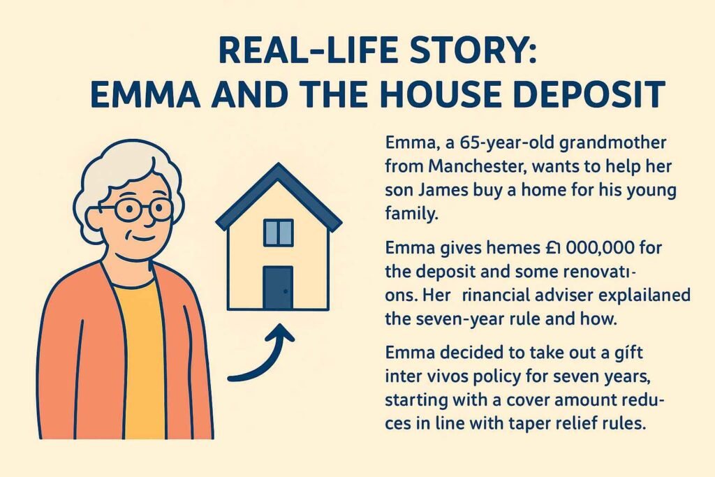 "Illustration of Emma gifting money for a house deposit with gift inter vivos policy explanation."