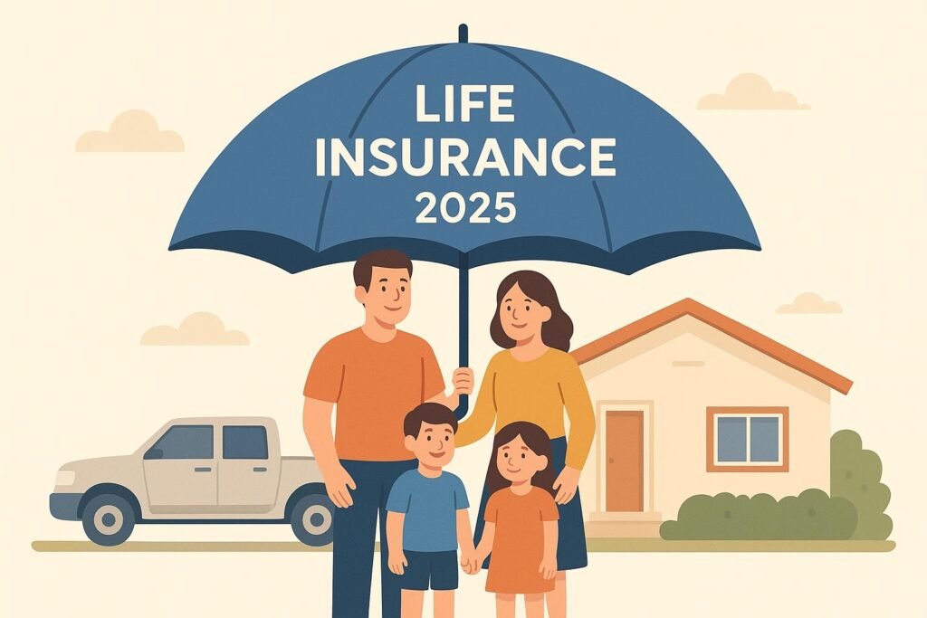 Illustration of an Australian family under a protective umbrella labeled Life Insurance 2025, symbolizing financial security at home – the Best Life Insurance Australia 2025 concept.