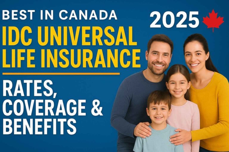 Promotional graphic for IDC Universal Life Insurance in Canada, showcasing benefits and support for Canadian families"