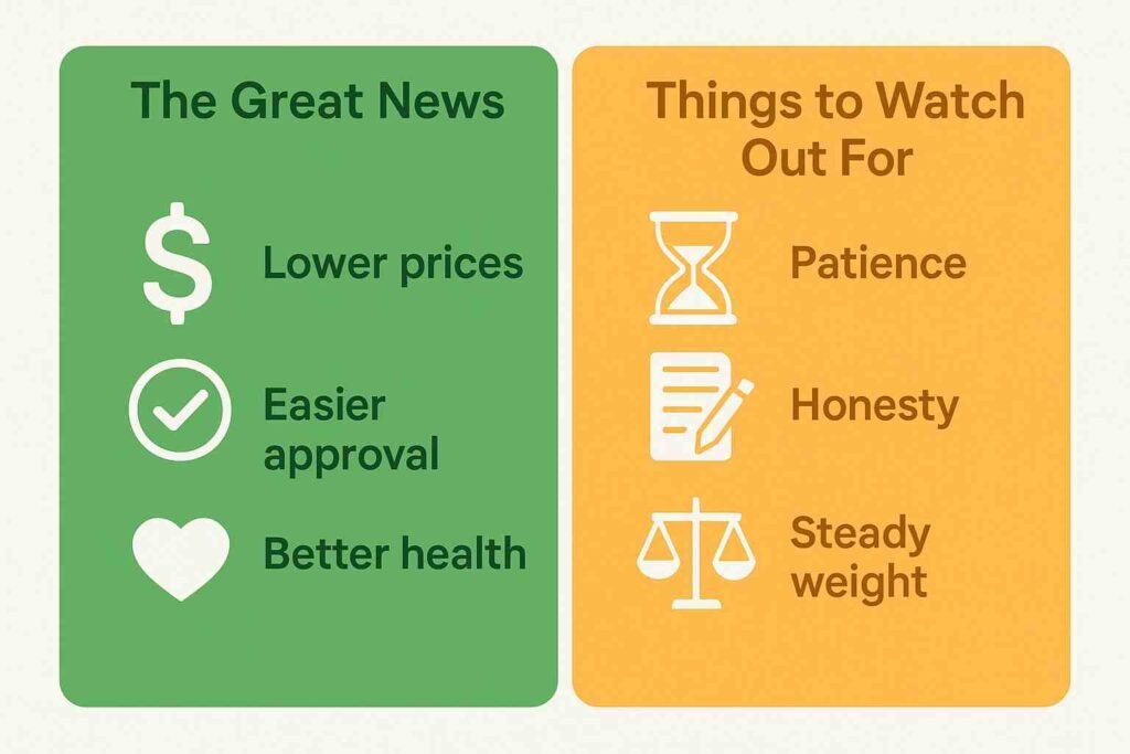 "Split infographic with green section titled ‘The Great News’ showing icons for lower prices, easier approval, and better health, and orange section titled ‘Things to Watch Out For’ showing icons for patience, honesty, and steady weight."