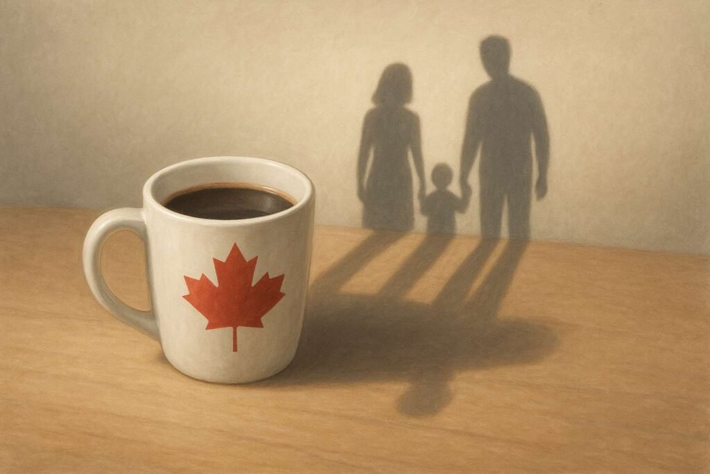 Whole and Universal Life Insurance Canada 2025 concept illustration – Canadian coffee cup casting family shadow symbolizing financial legacy planning.