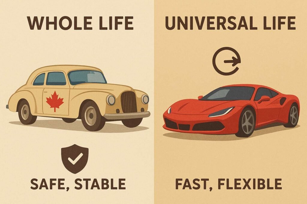 Whole and Universal Life Insurance Canada 2025 infographic comparing stability of whole life with flexibility of universal life."