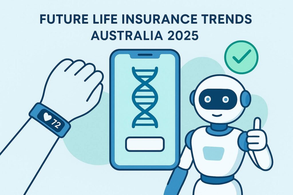 Best Life Insurance Australia 2025 – wearable fitness band, smartphone with DNA symbol, and AI robot approving claims in modern blue-green design