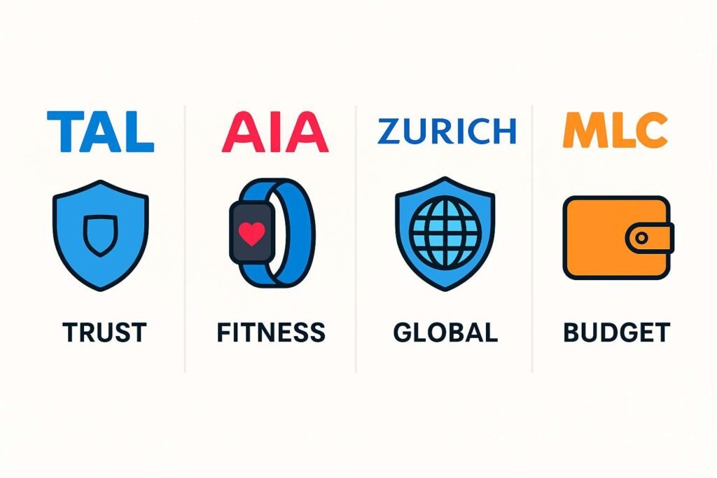 Best Life Insurance Australia 2025 – Comparison chart of TAL (Trust Shield), AIA (Fitness Tracker), Zurich (Global Shield), and MLC (Budget Wallet)