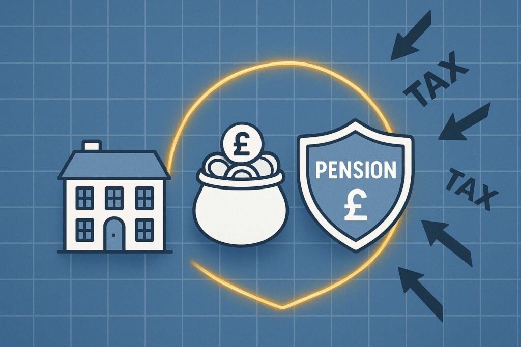 "UK pension and house protected from tax with shield illustration."