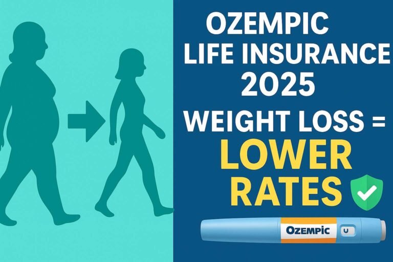 Ozempic Life Insurance 2025: Weight loss leads to lower insurance rates illustration with before-and-after silhouettes and Ozempic pen.