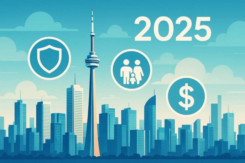 Futuristic Toronto skyline with CN Tower and life insurance icons, 2025 theme.