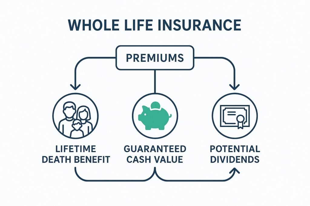 Diagram showing how whole life insurance usa provides lifetime death benefit, guaranteed cash value, and potential dividends.