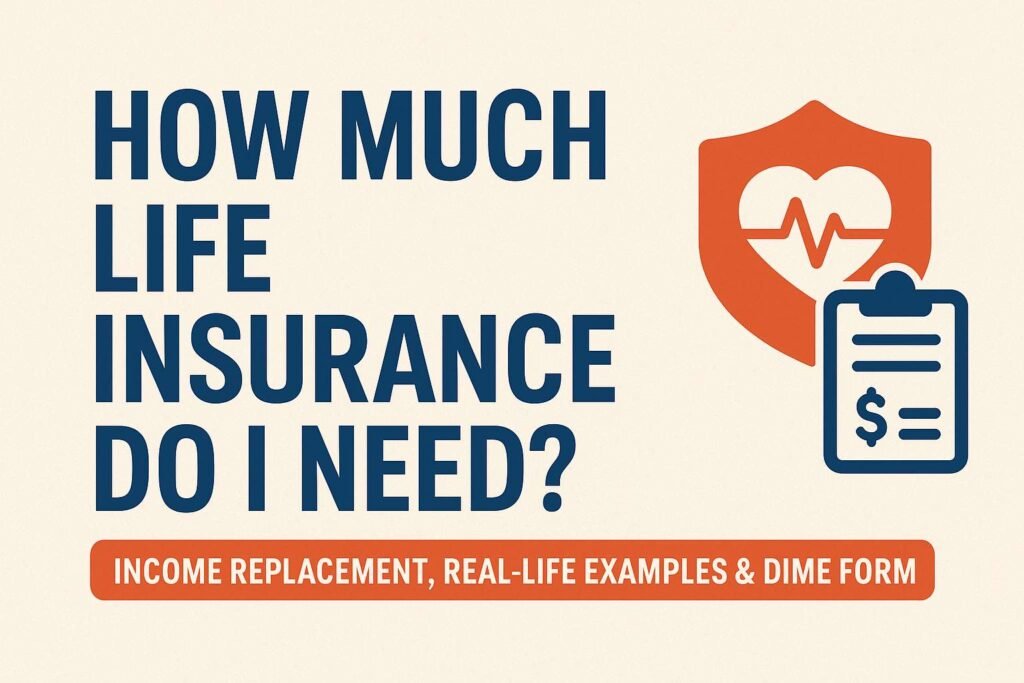 Infographic with bold title 'How Much Life Insurance Do I Need?' featuring icons of a shield with a heartbeat and a clipboard, highlighting income replacement, real-life examples, and the DIME method."