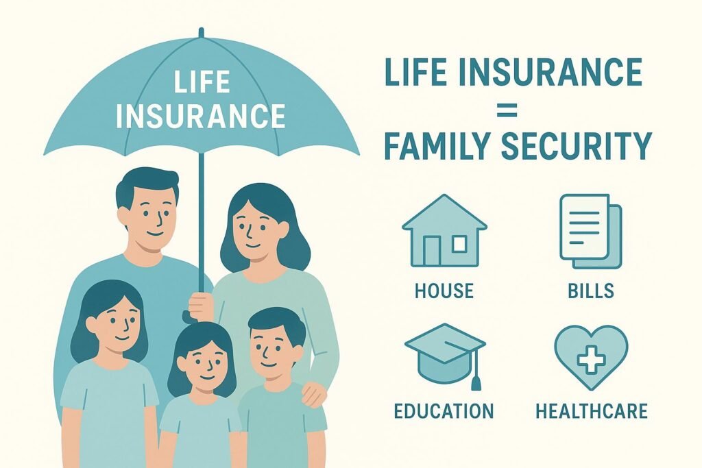 Happy American family under umbrella showing how much life insurance do I need to protect house, bills, and education.