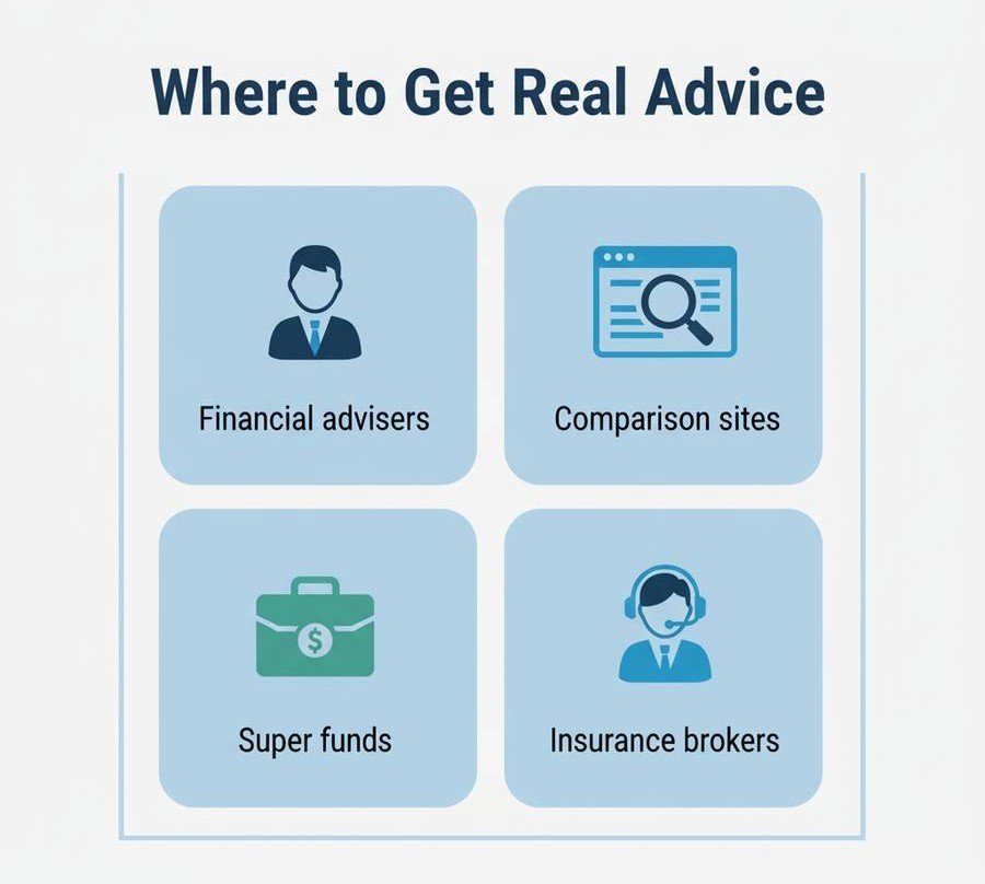 "Clean infographic presenting life insurance advice for young Australians with four sources: Financial advisers, Comparison sites, Super funds, and Insurance brokers. Title: ‘Where to Get Real Advice’."
