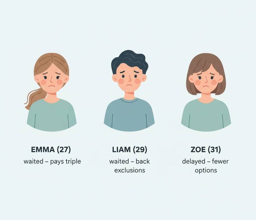 "Flat-style infographic giving life insurance advice for young Australians through three case studies: Emma (27) – waited – pays triple. Liam (29) – waited – back exclusions. Zoe (31) – delayed – fewer options."