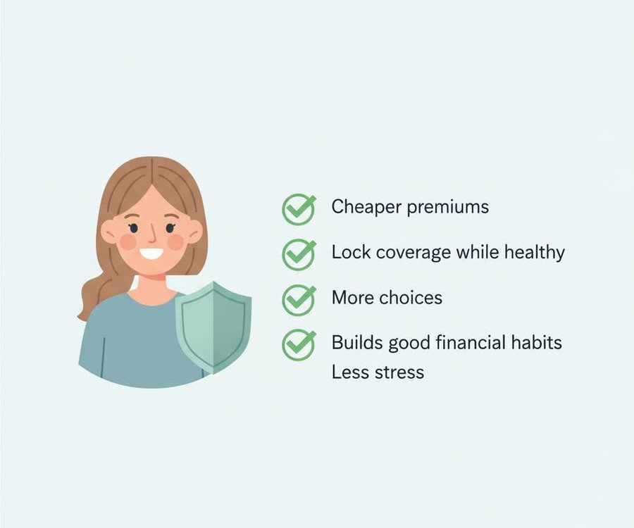 "Infographic showing life insurance advice for young Australians with a smiling person beside a checklist: Cheaper premiums, Lock coverage while healthy, More choices, Builds good financial habits, Less stress. Shield icon symbolizes protection."