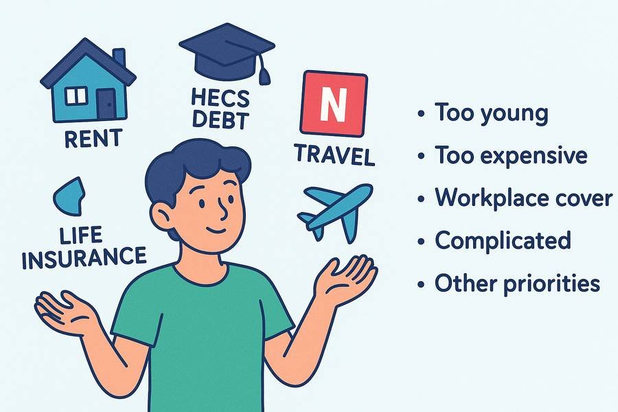 "Cartoon illustration giving life insurance advice for young Australians, showing a young person juggling rent, HECS debt, Netflix, travel, and dropping life insurance, with reasons listed: Too young, Too expensive, Workplace cover, Complicated, Other priorities."