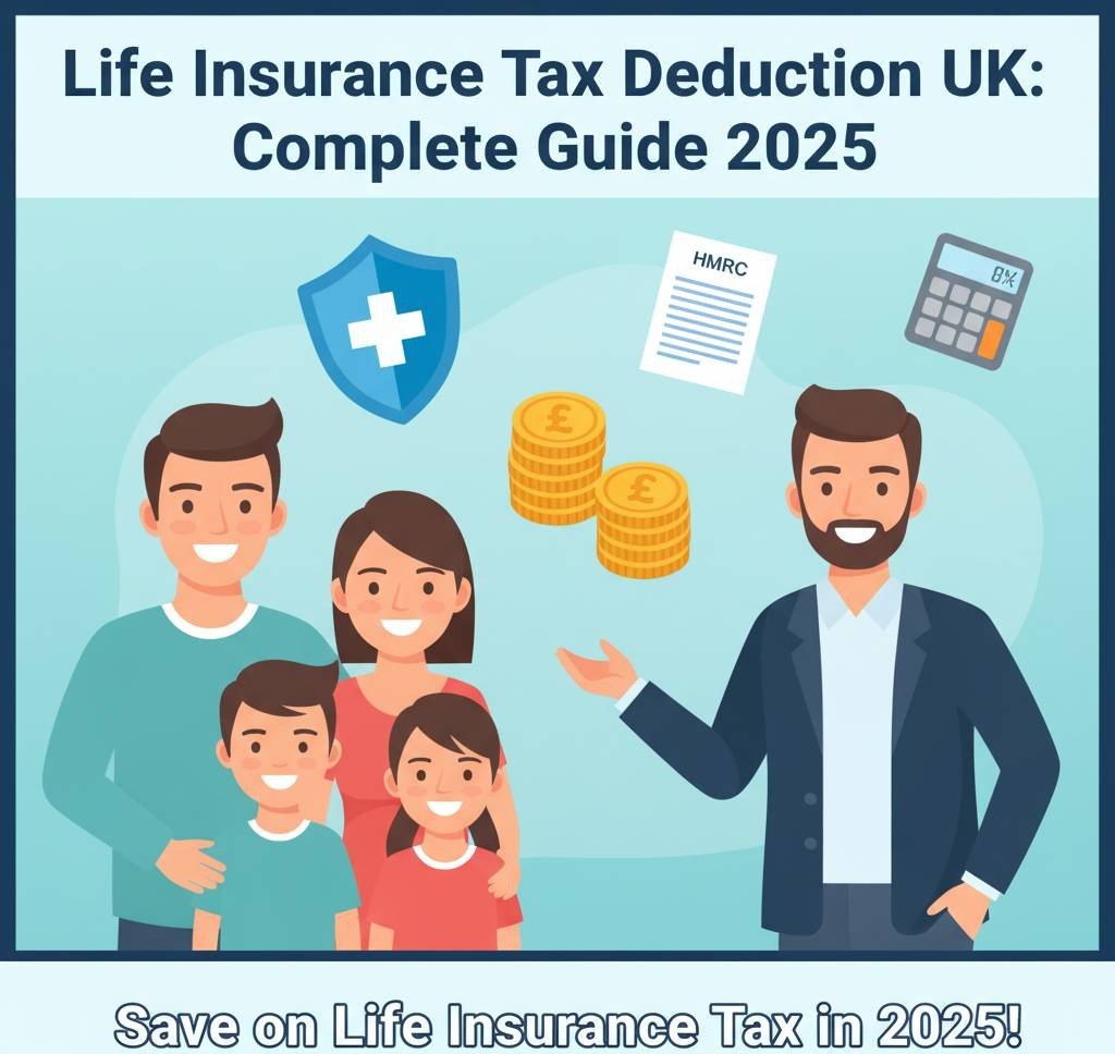 Infographic showing a UK family considering life insurance and taxes, highlighting how Life Insurance Tax Deduction UK can help save money in 2025."