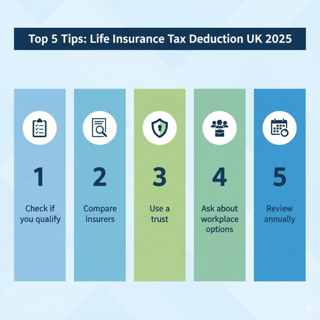 Infographic showing five tips to maximise Life Insurance Tax Deduction UK in 2025 with icons for checking eligibility, comparing insurers, using a trust, workplace options, and annual review."

