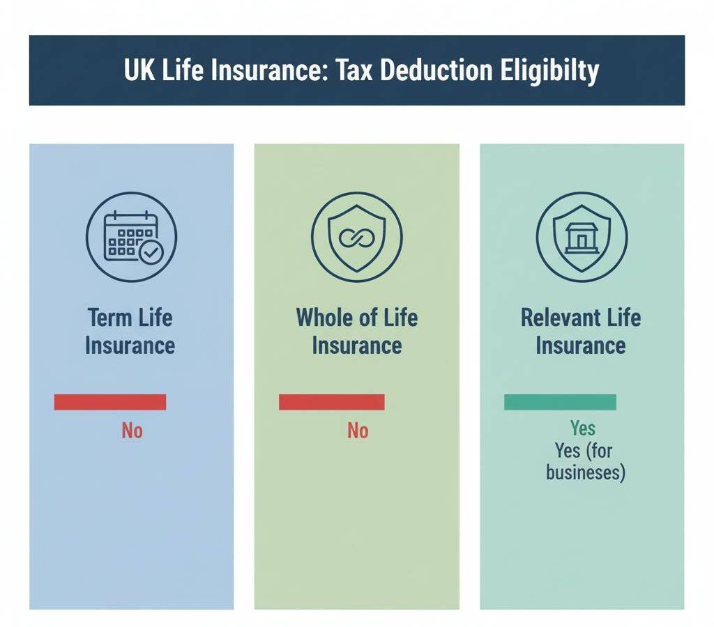 "Infographic comparing Term Life, Whole of Life, and Relevant Life Insurance in the UK, showing tax deduction eligibility with Life Insurance Tax Deduction UK highlighted."