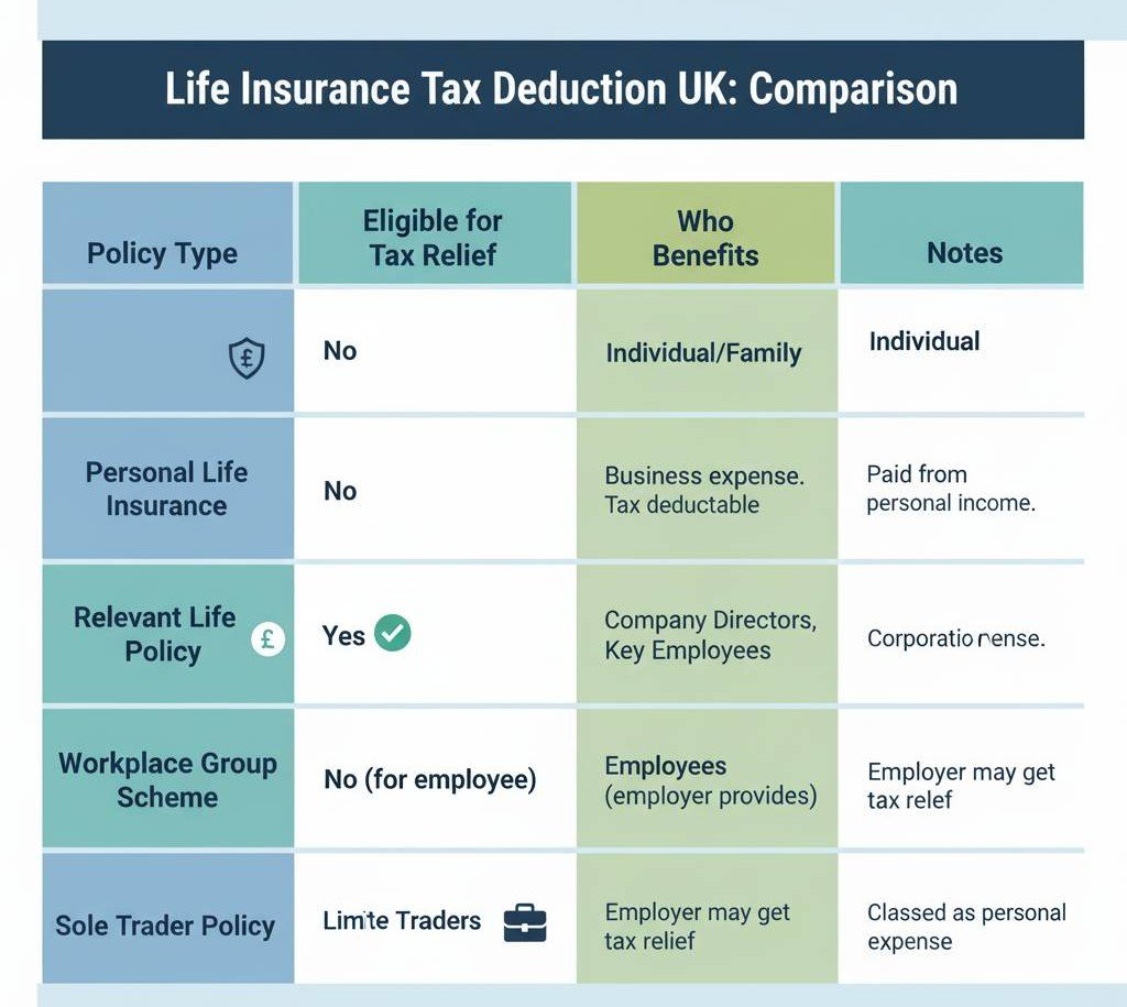 Visual infographic of a table comparing life insurance types, who benefits, and tax relief, demonstrating Life Insurance Tax Deduction UK in practice."

