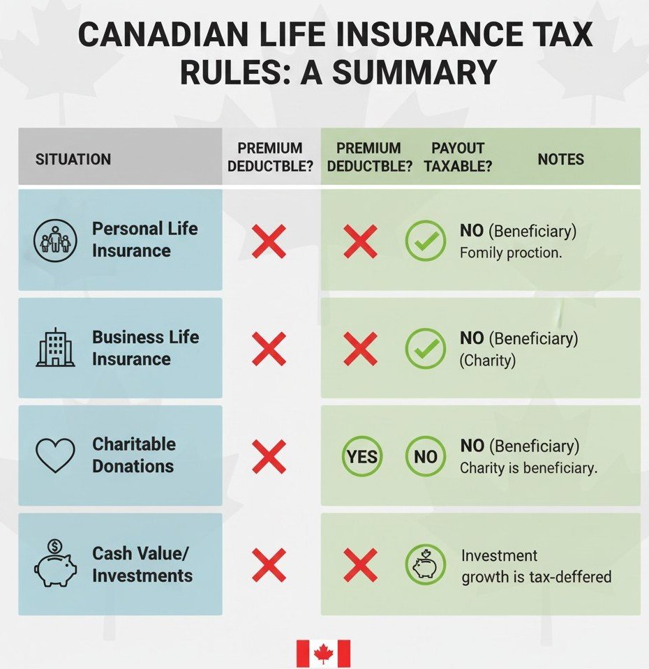Summary of life insurance tax deductibility in Canada 2025 with visual table – Life Insurance Tax Deductible in Canada.