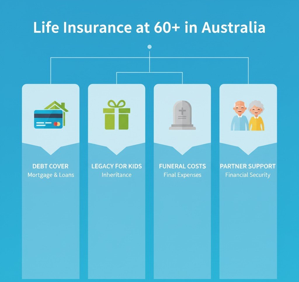 Key reasons Australians choose Life Insurance at 60 – debt cover, funeral costs, partner support, leaving a legacy.