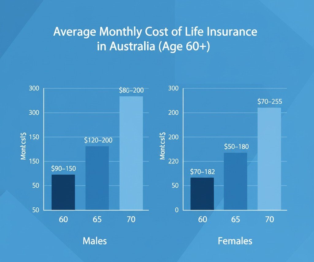 Estimated monthly premiums for Life Insurance at 60 in Australia by age and gender.
