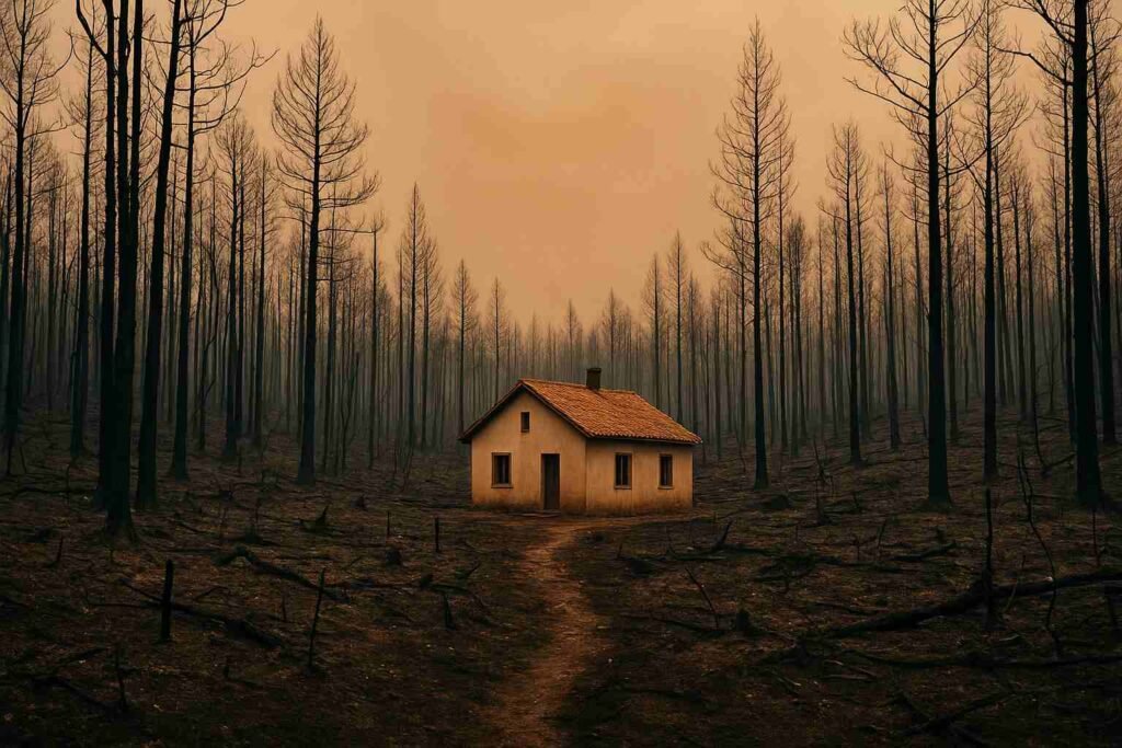 Burnt forest and surviving home highlighting bushfire protection under climate risk insurance Australia