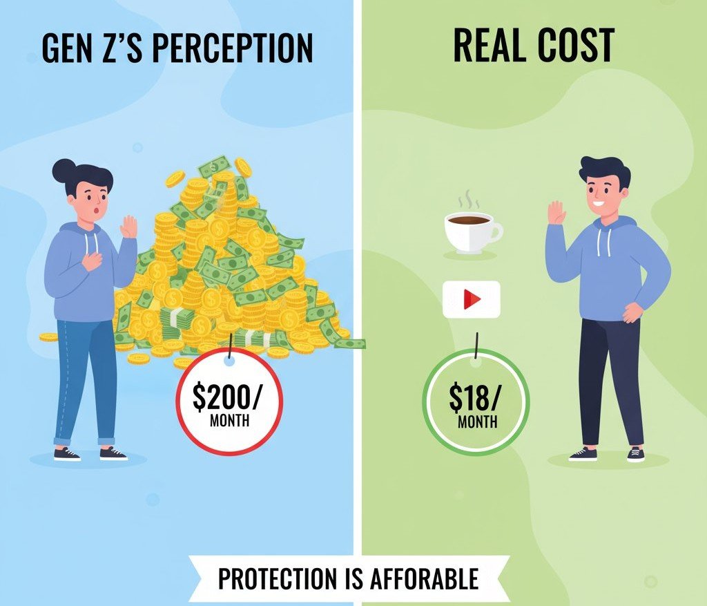 Gen Z life insurance cost perception vs reality comparison infographic.”
