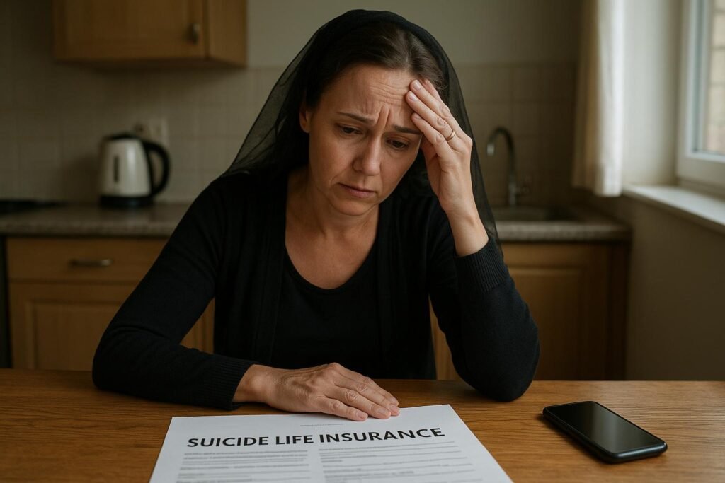 Widow reading UK life insurance suicide clause documents at home.