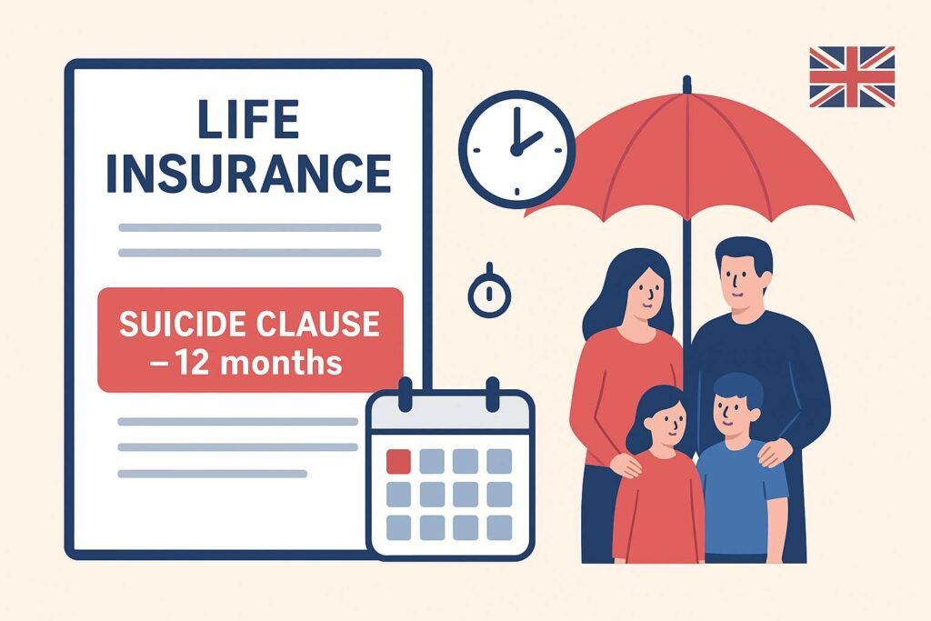 Infographic of UK life insurance suicide clause highlighting 12 months with calendar and family under umbrella.