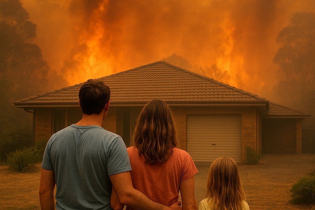 Australian family facing bushfire destruction showing need for climate risk insurance Australia