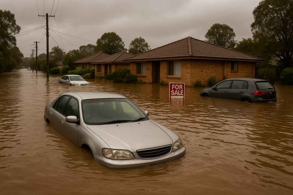 Flooded Australian suburb showing why climate risk insurance Australia is essential for families