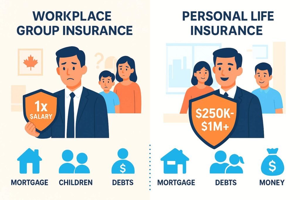 “Workplace group insurance vs personal life insurance for family protection. Life insurance myths Canadians often believe.”