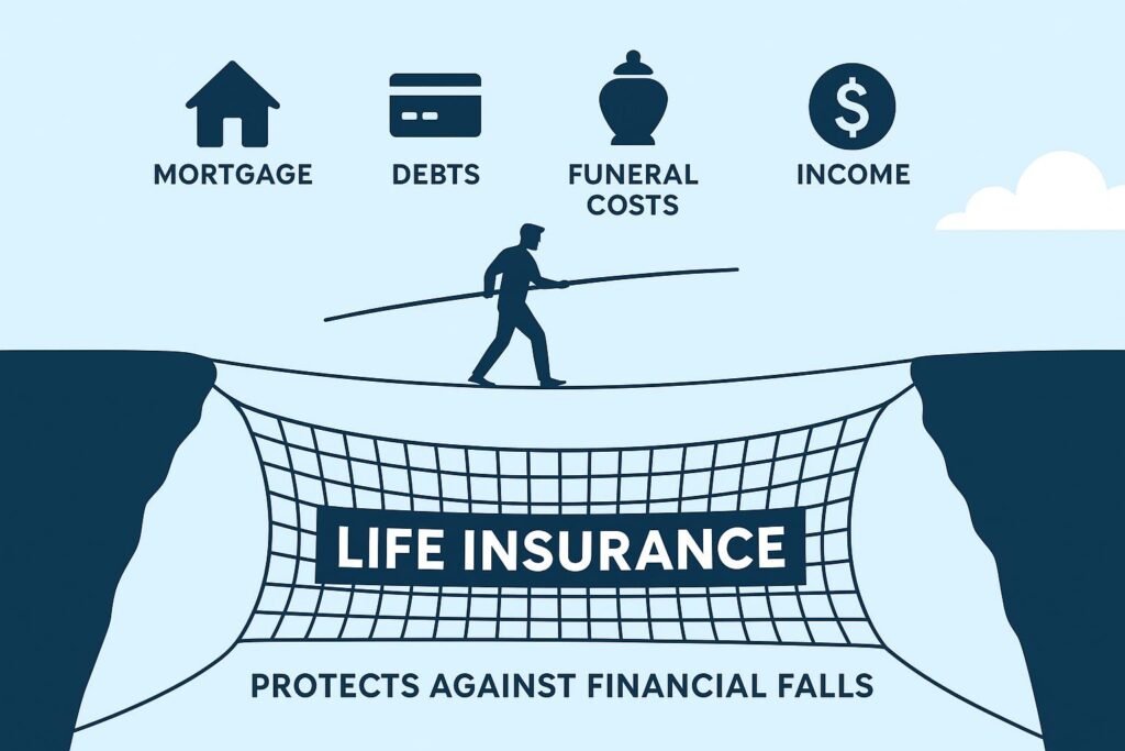 Tightrope walker over financial risks with safety net labeled life insurance illustrating how much life insurance do I need.