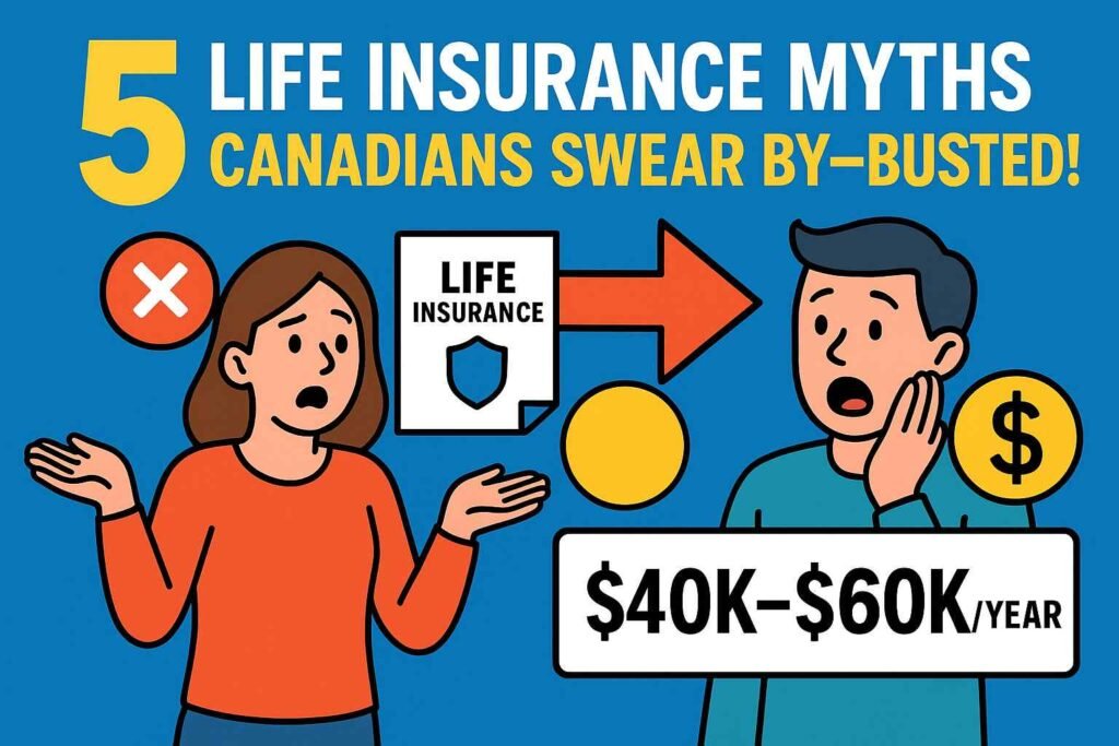 Infographic thumbnail busting Life Insurance Myths Canadians believe with bold text, shocked characters, and money icons.