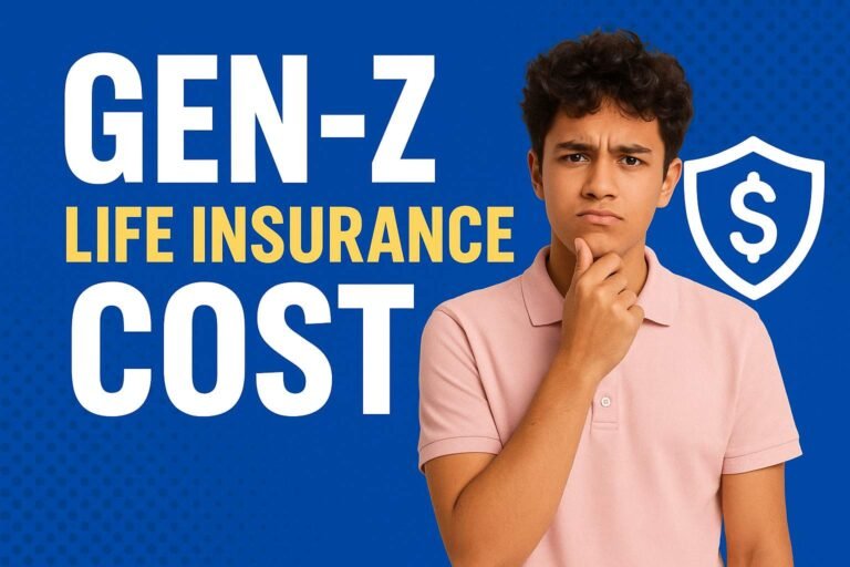 Gen-Z life insurance cost thumbnail with young man and dollar shield icon