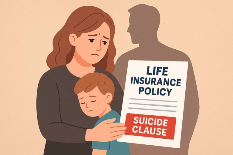 Grieving family holding UK life insurance suicide clause policy illustration.